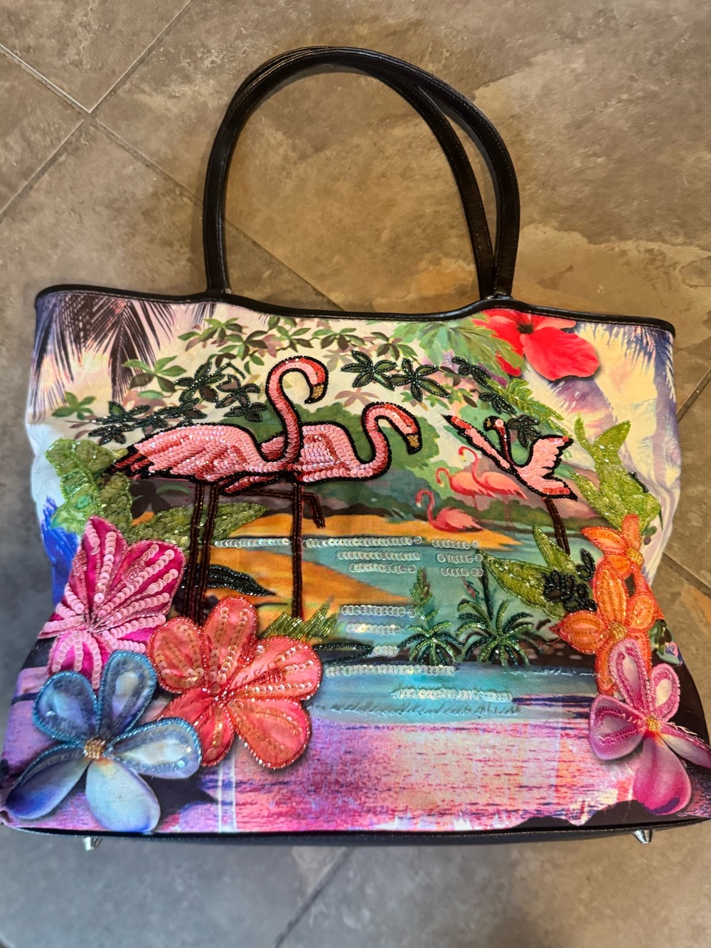Embroidered Flamingo vintage Tote in Pink and Multicolor